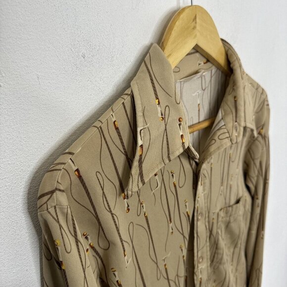 Vintage 70s Disco Men L Mr Jeff Pierre Gerard Polyester Button Shirt Tan L/S - Picture 2 of 5